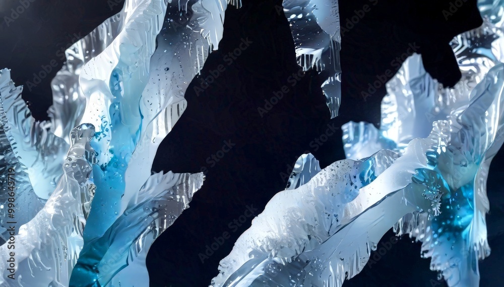 Poster a close-up view sculpture made of metal, featuring a dark background and a striking contrast between