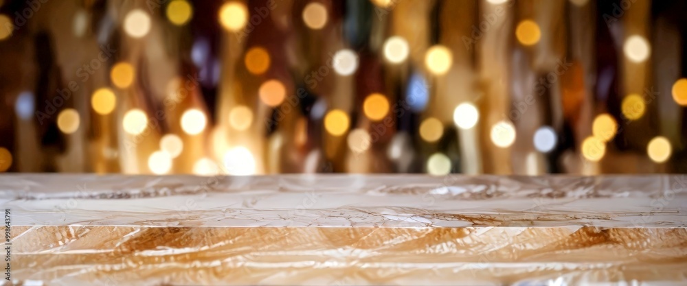 Poster a blurred blurred background with a blurred bokeh effect, featuring a blurred wooden surface in the 