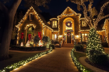 Fototapeta premium A Beautifully Illuminated Christmas House Adorned With Festive Lights and Decorations, Inviting Warmth During the Holiday Season