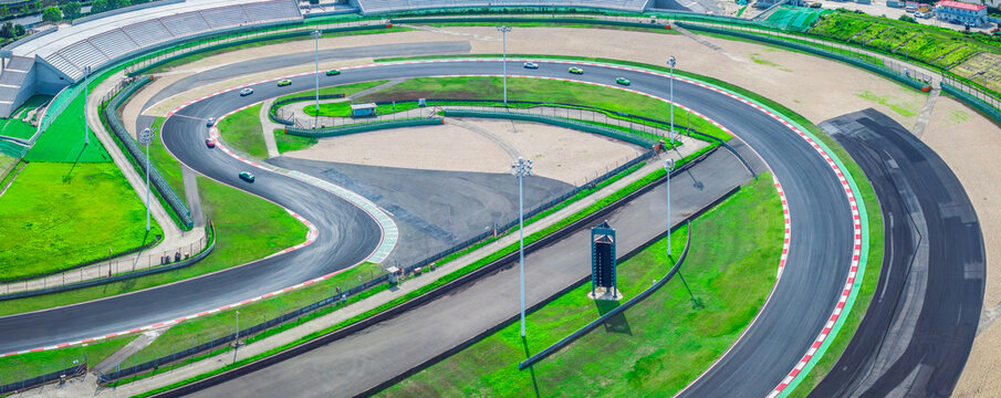 Aerial view of curvy racing track road in Shanghai