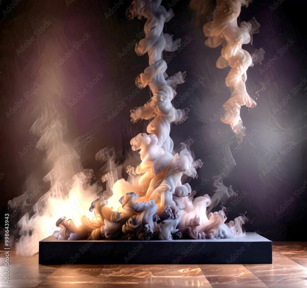Poster a dynamic and abstract representation of smoke or vapor, with a dark background and a wooden floor t