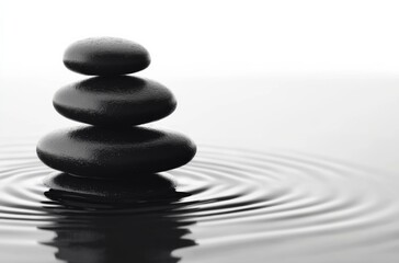 Obraz premium Stacked black pebbles floating serenely in water, surrounded by a zen and peaceful background, embodying a calming effect