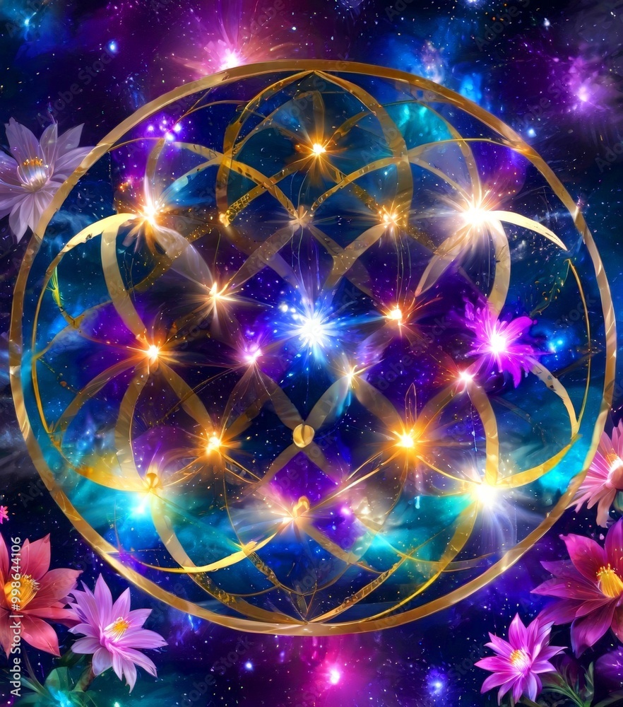 Poster a vibrant, abstract digital artwork featuring a circular design with a golden border, surrounded by 