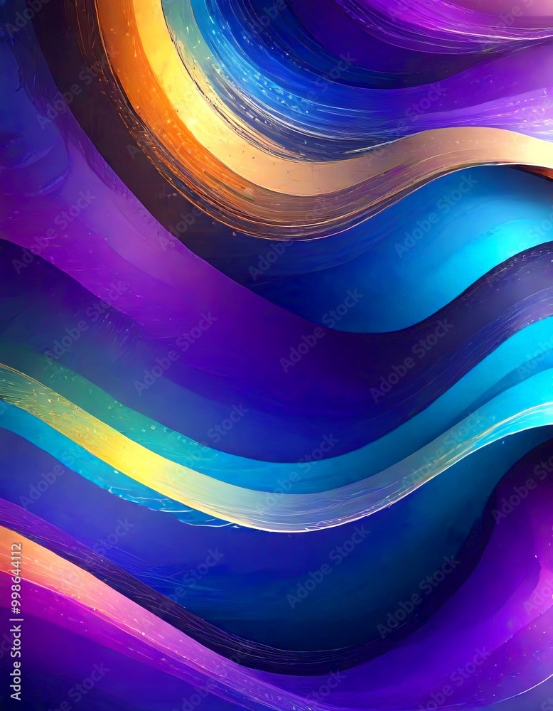Poster a vibrant abstract composition of overlapping curved lines in various shades of blue, purple, and yellow, creating a dynamic and visually striking pattern