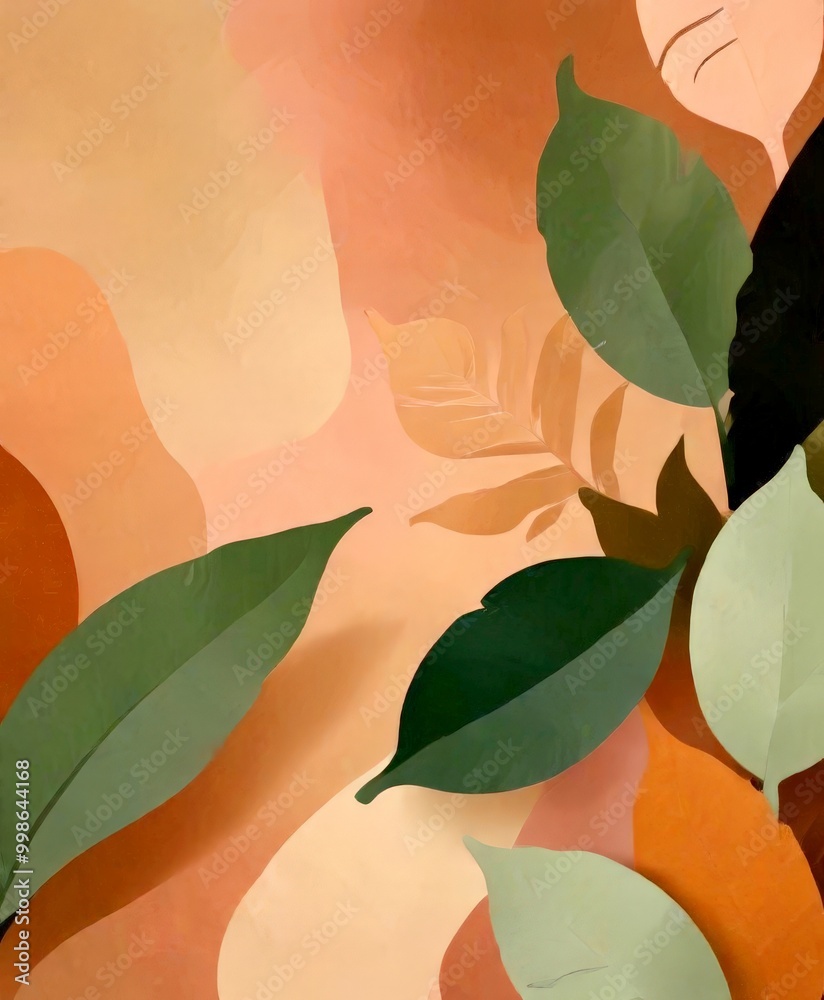 Poster an abstract representation of leaves in various shades of green, with a warm, peach-colored backgrou