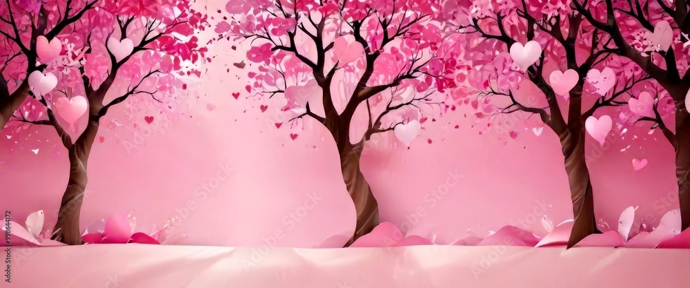 Poster a serene scene of three trees with pink hearts on their branches, set against a pink background with
