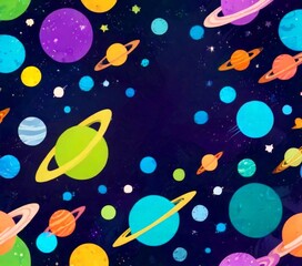 A vibrant, space-themed illustration featuring a variety of planets and celestial bodies in a dynamic, overlapping arrangement against a dark background