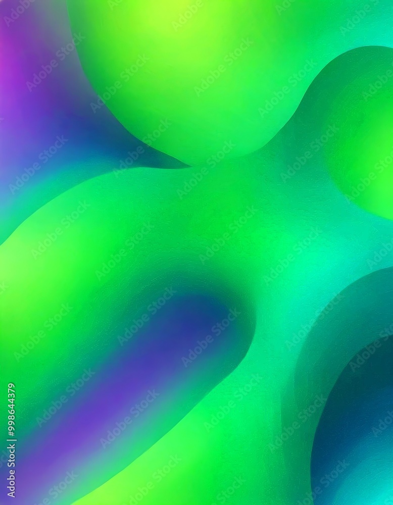 Poster a vibrant abstract composition of overlapping curved shapes in shades of green and purple, creating a dynamic and visually striking effect