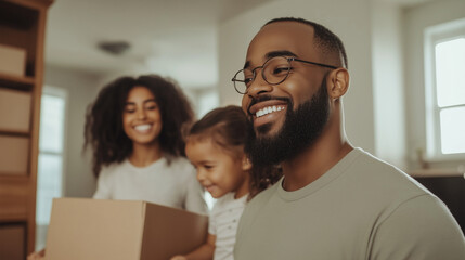 Fototapeta premium A family happily unpacks in their new apartment, the real estate agent smiling in the background, representing the affordability and convenience of buying a turnkey home on credit.