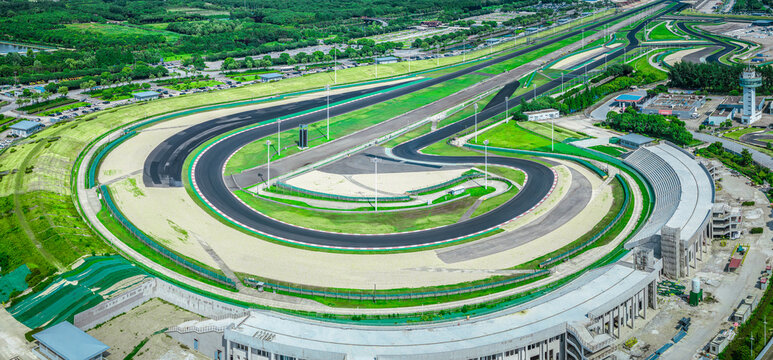 Aerial view of curvy racing track road in Shanghai