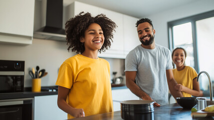 Fototapeta premium A family excitedly explores the bright, open kitchen of their new apartment, the real estate agent smiling as the modern design reflects the accessibility of affordable housing.