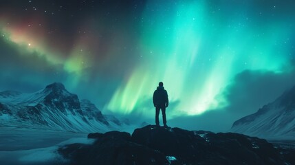 Fototapeta premium A lone figure stands on a mountaintop under a vibrant aurora borealis display.