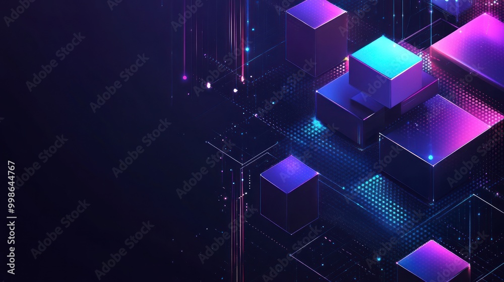 Wall mural abstract dark background with glowing neon shapes and lines.