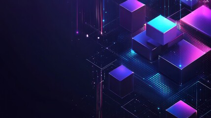 Abstract dark background with glowing neon shapes and lines.