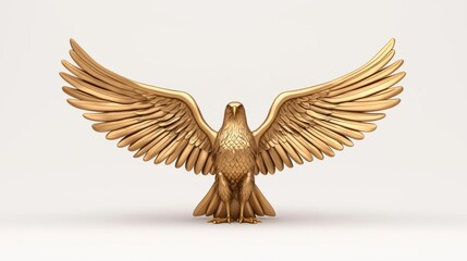 Obraz premium Golden eagle sculpture with wings spread, white isolated background.