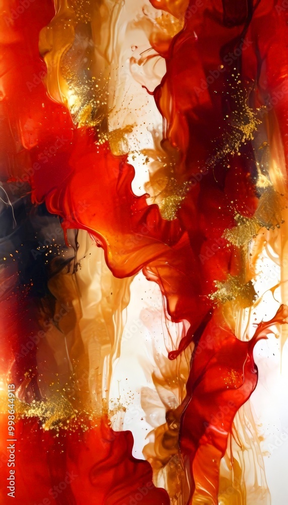 Poster an abstract painting featuring a vibrant mix of red, orange, and gold colors, with splashes of black