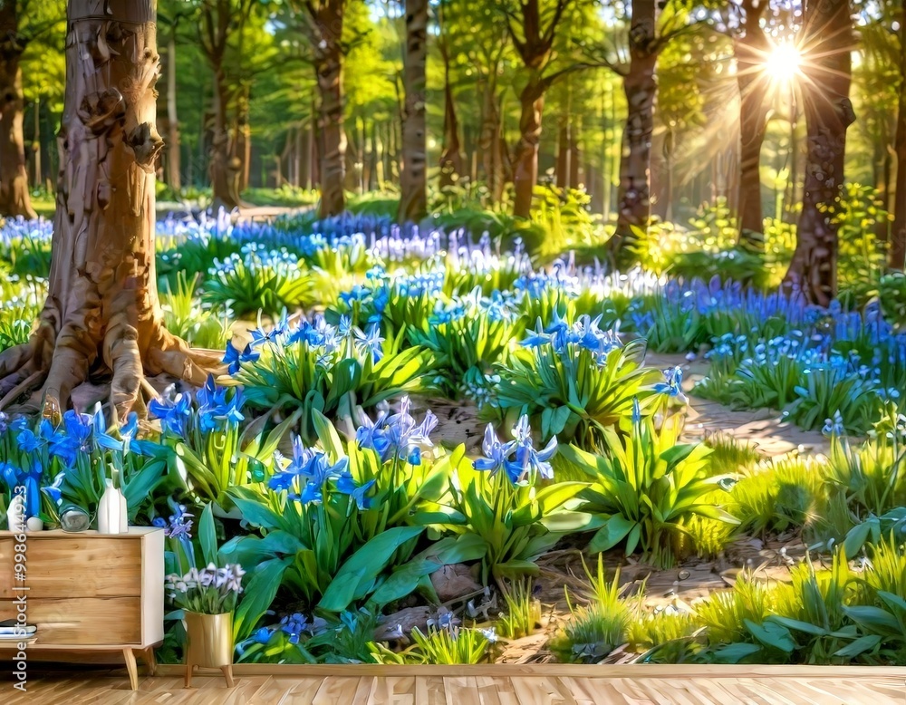Poster a serene forest scene with a sunlit path winding through a field of blue irises, surrounded by tall 