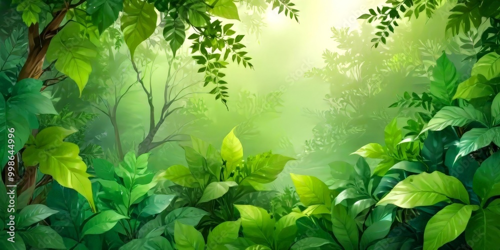 Poster a lush, verdant jungle scene with a dense thicket of green leaves and branches, creating a sense of depth and mystery The background is a soft, hazy green, adding to the