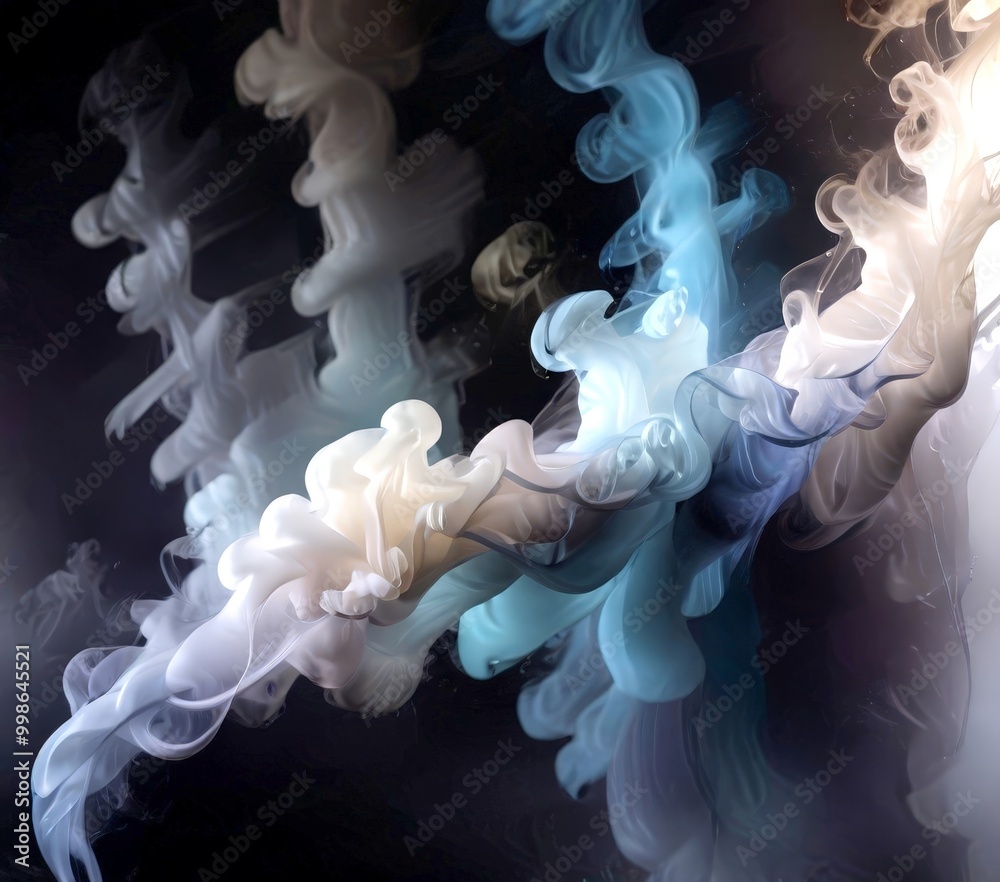 Poster a swirling, ethereal pattern of white, blue, and gray smoke or vapor against a dark background, crea