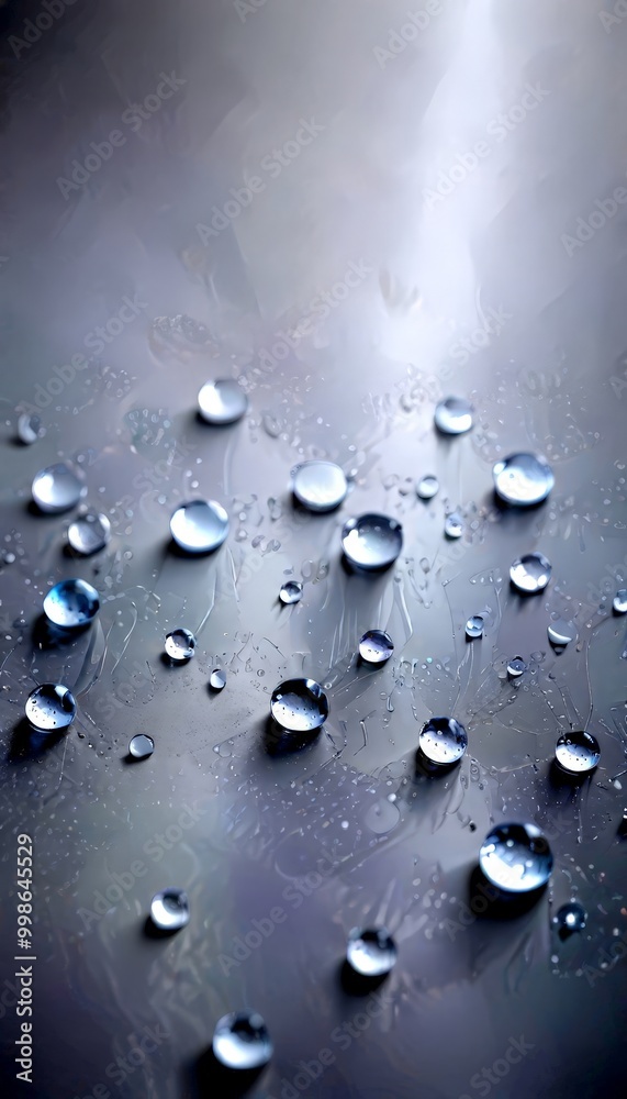 Poster Water droplets scattered across a textured gray surface, creating a sense of movement and depth