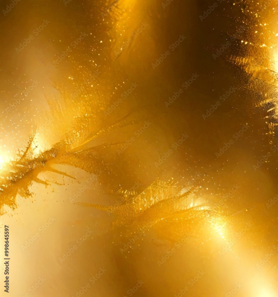 Poster a close-up view delicate, intricate frost pattern on a surface, with a warm golden hue and a subtle shimmering effect