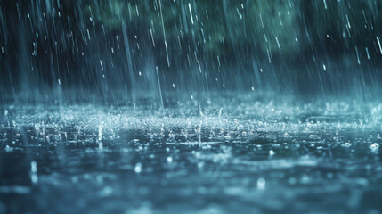 torrential rainstorm with heavy raindrops falling creates mesmerizing scene of water splashing on surface, evoking sense of tranquility and natures power