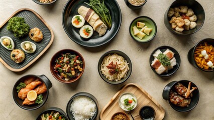 Set of various delicious food in black dishes isolated on transparent background, Top view of various menu served on plates.