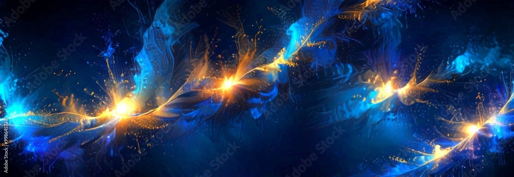 Poster a digital artwork featuring a swirling pattern of blue and orange hues, with small particles of gold
