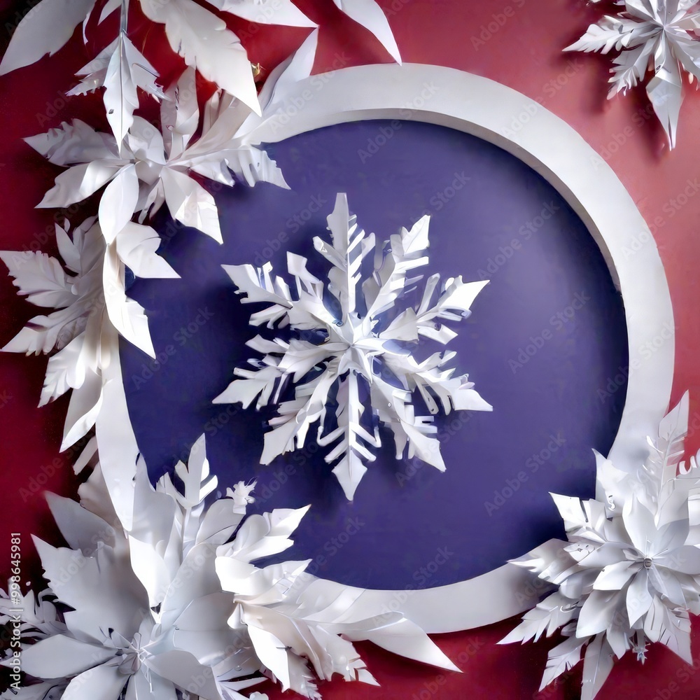 Aufkleber a paper snowflake, intricately crafted from white paper, is displayed against a purple background wi