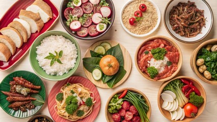 Set of various delicious food in black dishes isolated on transparent background, Top view of various menu served on plates.