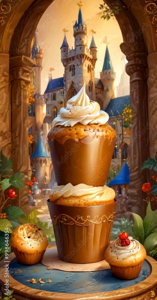 Aufkleber a whimsical scene featuring a large cupcake with a white frosting swirl on top, surrounded by two sm