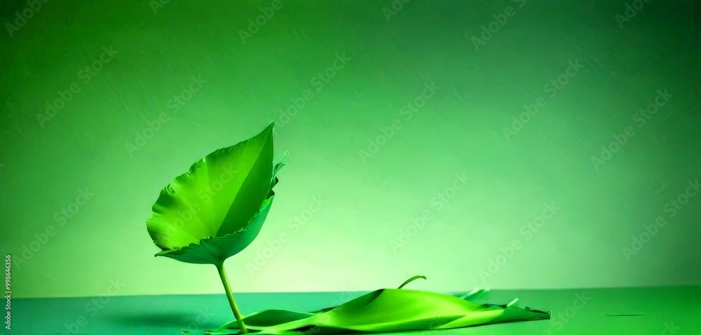 Aufkleber a single green leaf stands upright on a green surface, with another leaf lying horizontally in the f