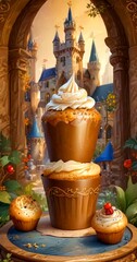 Fototapeta premium A whimsical scene featuring a large cupcake with a white frosting swirl on top, surrounded by two smaller cupcakes, set against a backdrop castle with multiple towers