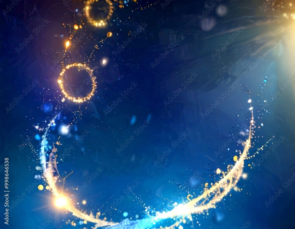 Poster a captivating display of light and shadow, with a central focus on a radiant, glowing circle surrounded by a swirling pattern of smaller circles and lines The background is