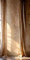 Two beige curtains hang from a window, partially drawn to reveal a textured wall behind them