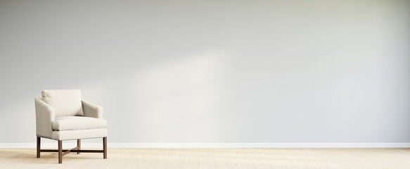 Obraz premium Living room style minimal with armchair on empty white wall background. 3D Rendering