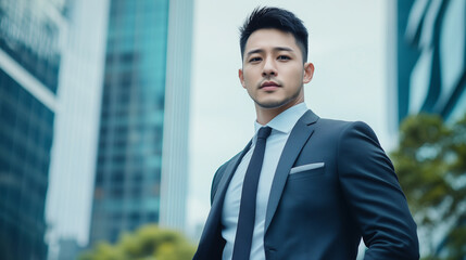 Fototapeta premium A charismatic Asian man in a sleek, tailored suit stands confidently outdoors, his expression serious as the soft blur of a modern business center looms in the background.