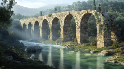 Fototapeta premium Ancient aqueduct system delivering water across serene landscape, showcasing majestic arches and lush greenery. tranquil river reflects beauty of nature