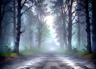 Obraz premium A misty forest path, with tall trees and a full moon, creates an atmospheric and mysterious scene