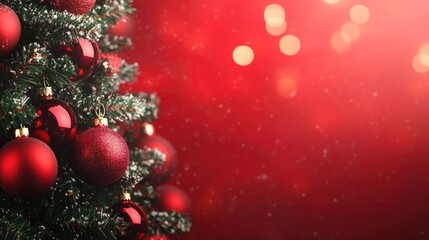 Close-up of a Christmas tree with red baubles and a red bokeh background.