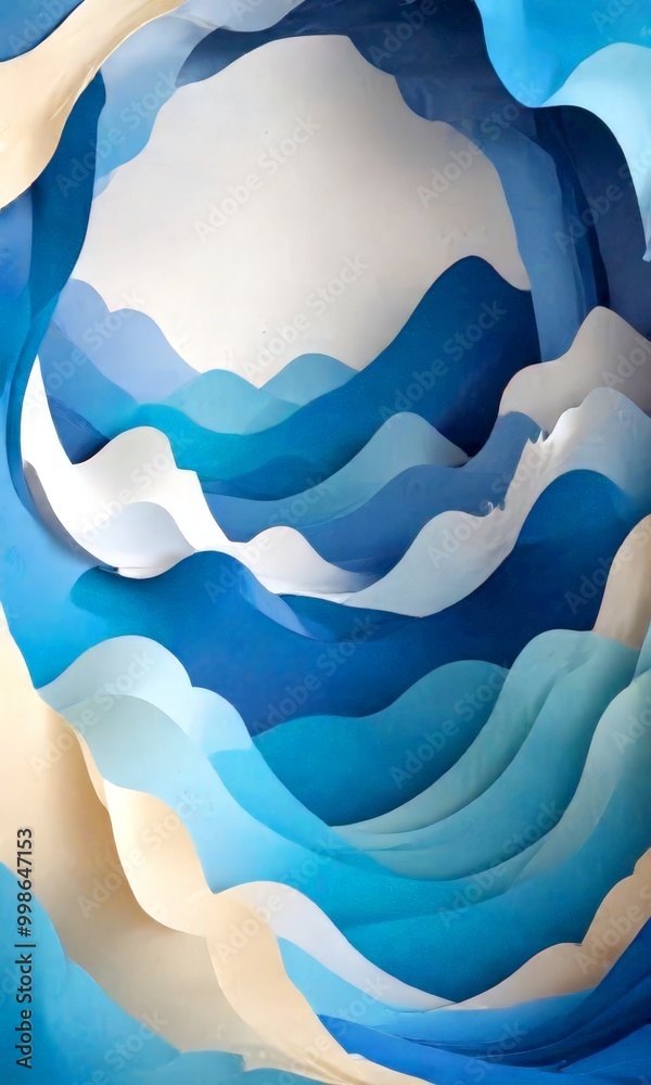 Poster a captivating abstract composition of overlapping paper shapes in shades of blue, white, and beige, creating a sense of depth and movement