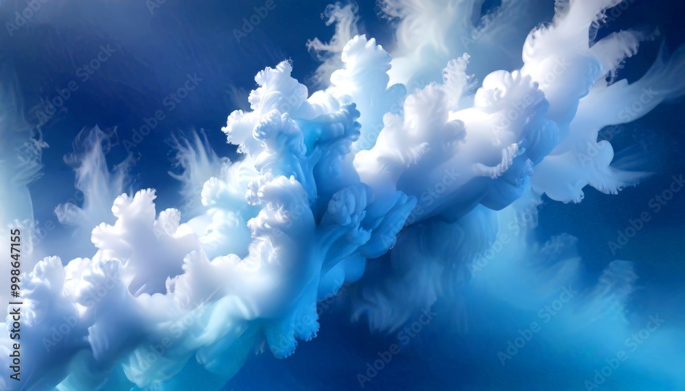 Poster a dynamic scene of swirling, ethereal clouds in shades of blue and white, creating a sense of movement and depth