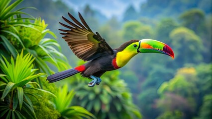 A vibrant toucan in mid-flight against a lush, green backdrop, showcasing its iconic colorful beak and striking plumage.