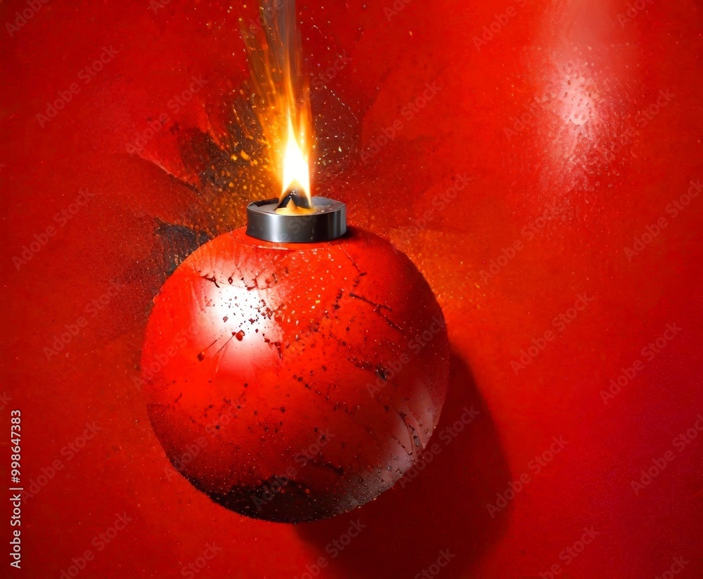 Poster a red, cracked ornament with a lit candle flame on top, set against a red background with a subtle s