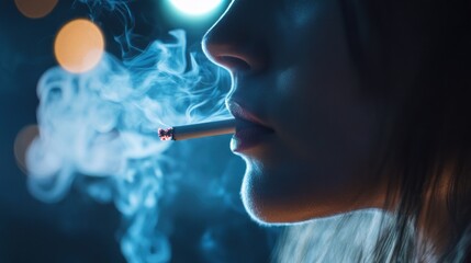 Obraz premium Close-up of a woman's face with a cigarette in her mouth and smoke blowing out.