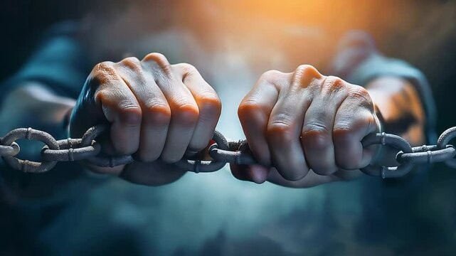 Close up hands in fists breaking a chain freedom, Gaining freedom concept	
