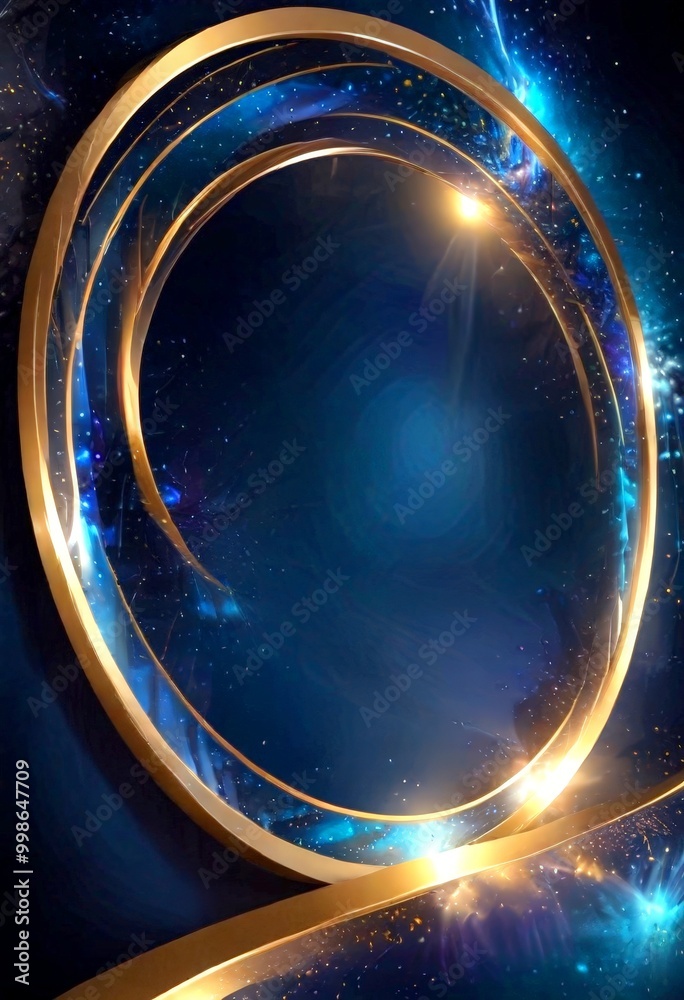 Poster a circular frame with a golden border, set against a dark blue background with a starry sky The frame is adorned with a radiant light source at its center, creating a sense