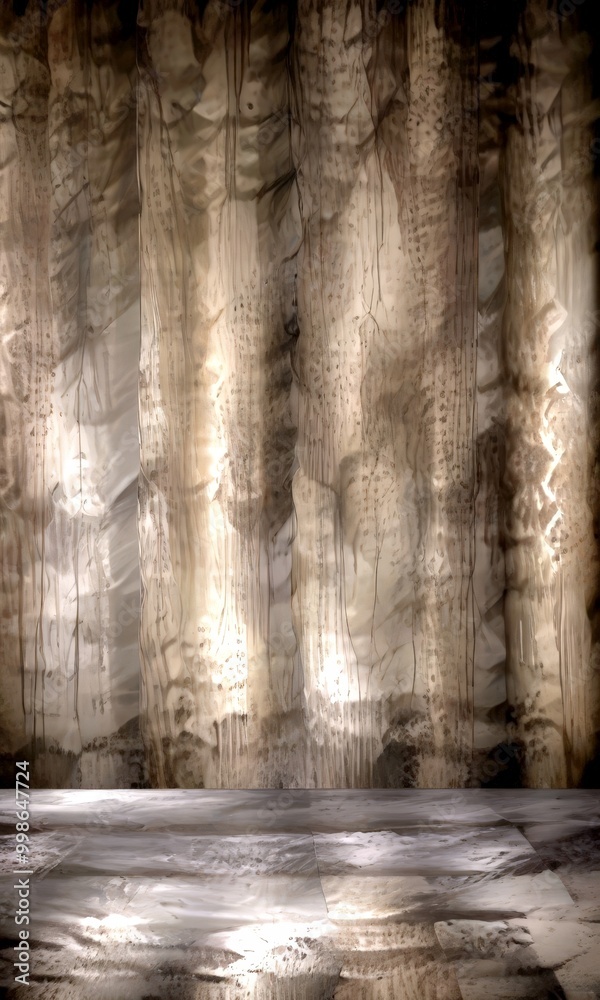 Aufkleber a dark, textured wall with vertical lines and a flat, reflective surface in the foreground