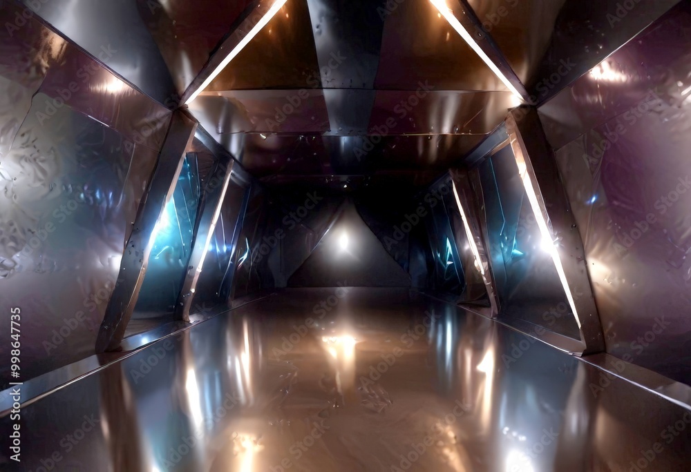 Poster a futuristic, dimly lit corridor with a reflective, polished floor and a series of triangular panels on the walls, creating a sense of depth and dimension