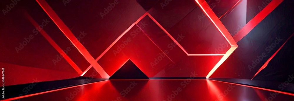 Poster a futuristic interior space with a geometric pattern of intersecting red and black lines, creating a sense of depth and movement